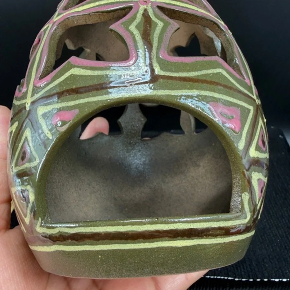 Handmade Ceramic Egg Lantern Tea‎ Light Holder Geometric Cutout Pink Green 6